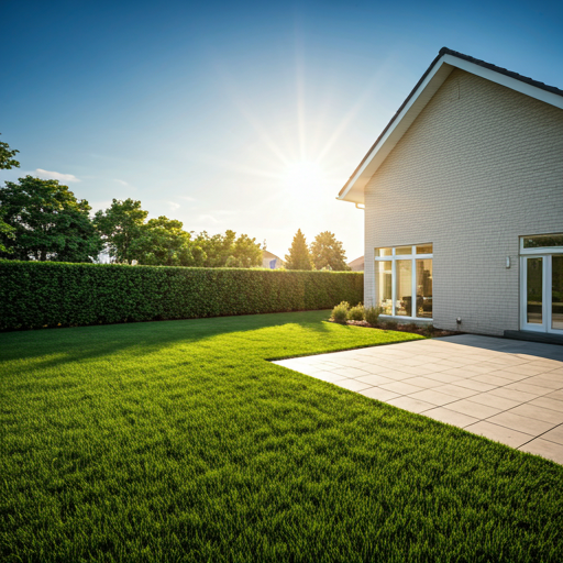 A sun-drenched, lush green backyard of a modern suburban home with perfectly manicured grass and a clean patio area. The lighting is bright and warm, emphasizing a safe and bug-free outdoor living space. The composition is wide-angle, showing a sense of freedom and professional care, using a palette of deep greens and bright whites to evoke a clean and healthy environment.