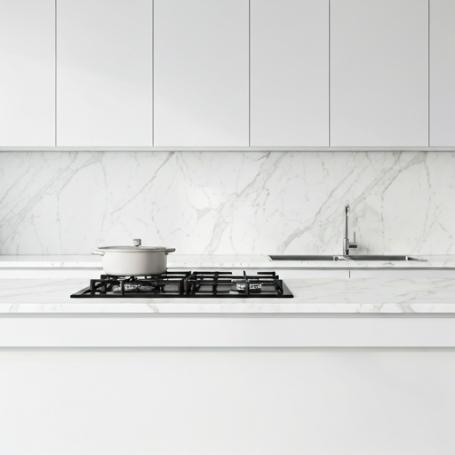 A clean, bright kitchen interior with white marble countertops and modern cabinetry. The focus is on the pristine hygiene of the space, lit with natural soft daylight. The atmosphere is calm and professional, emphasizing a pest-free sanctuary where families prepare meals. The color palette is dominated by airy whites and subtle grey accents.