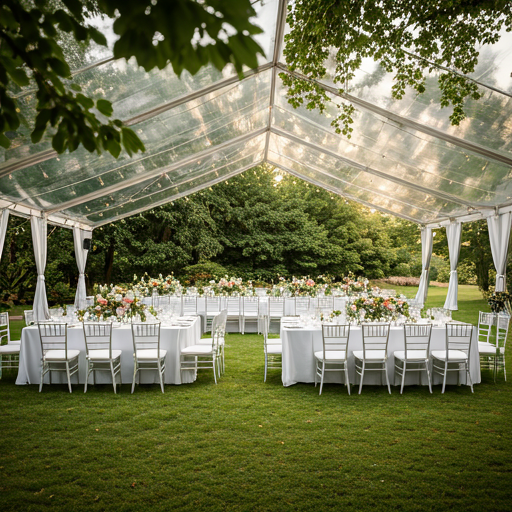 An elegant outdoor wedding reception setup with long white tables, floral arrangements, and delicate glassware under a clear marquee. The surrounding parkland is vibrant and perfectly clear, suggesting a completely pest-free environment. High-key lighting makes the scene look magical and high-end, utilizing a crisp and sophisticated color palette.