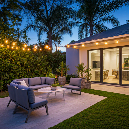 A serene outdoor patio area at dusk, with soft amber string lights glowing over high-end outdoor furniture. The surrounding garden is lush and peaceful, free from insects. The lighting creates a cozy, inviting mood, showcasing a space perfectly protected for evening relaxation. The style is modern corporate photography, clean and professional.