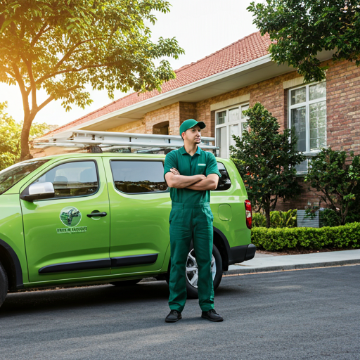 A professional technician in clean, branded workwear standing by a modern service vehicle in a well-maintained residential neighborhood. The lighting is clear morning sun, projecting trust and authority. The focus is on the person and the equipment, suggesting reliable and expert service. The colors are crisp greens and whites.